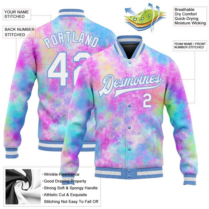 Custom Tie Dye White-Light Blue Rainbow 3D Printing Varsity Letterman Jacket suppliers
